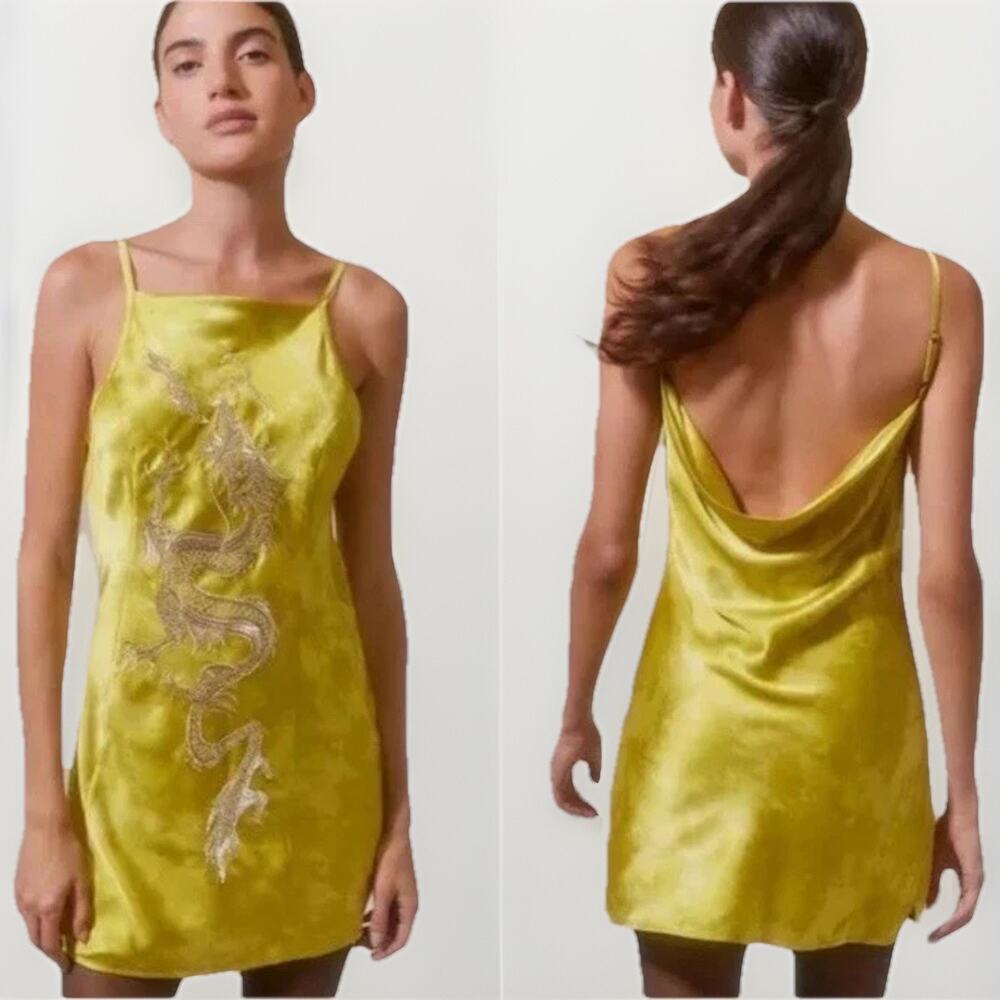 Urban Outfitters Bird Song Dragon Mini Slip Dress Yellow Satin Women S Y2k 90s